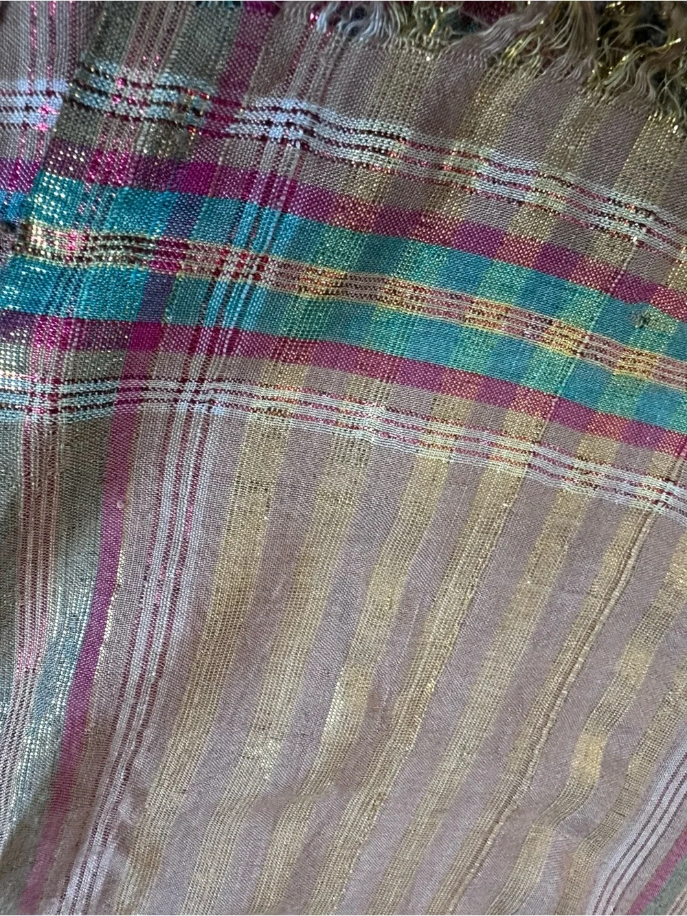 Light Cream Metallic Gold Stripe Fringe Scarf Green Red